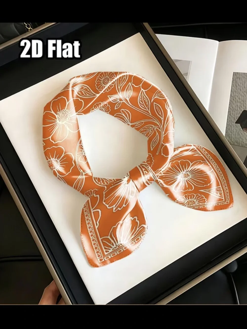 🍁🍂Orange Floral Silk-Feel Scarf with Delicate White Outline Print